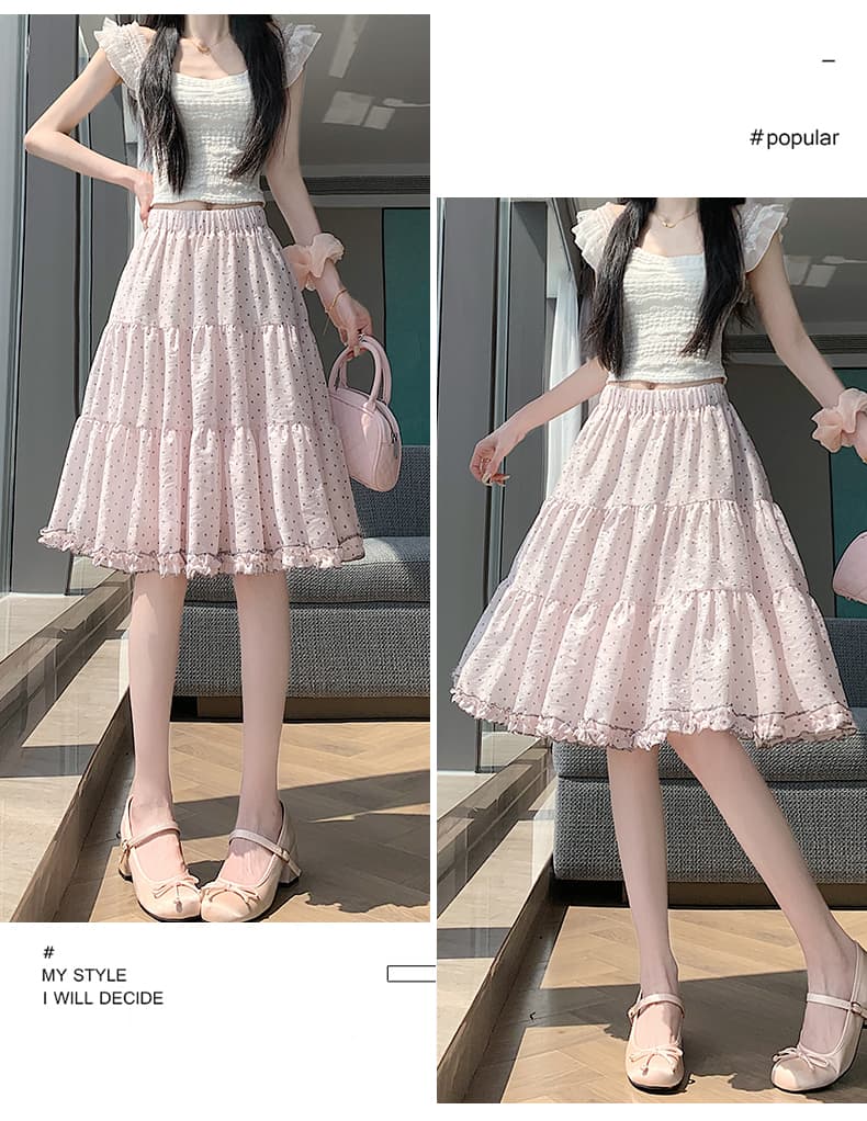 실사 한 부서 핑크색 부드러운 프릴 도트 무늬 반신 스커트 여성 하이웨이스트 슬림해 보이는 한 마디 중간 스커트 퍼프 케이크 드레스 상세 이미지 29