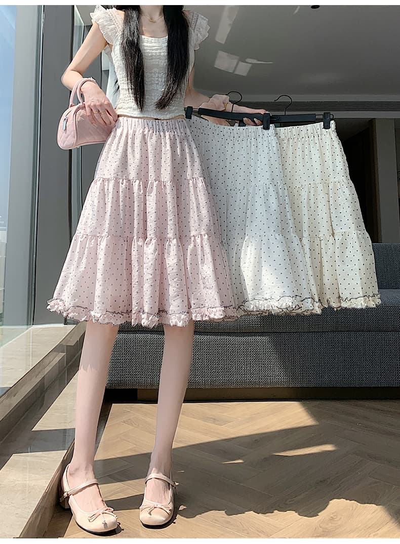 실사 한 부서 핑크색 부드러운 프릴 도트 무늬 반신 스커트 여성 하이웨이스트 슬림해 보이는 한 마디 중간 스커트 퍼프 케이크 드레스 상세 이미지 35