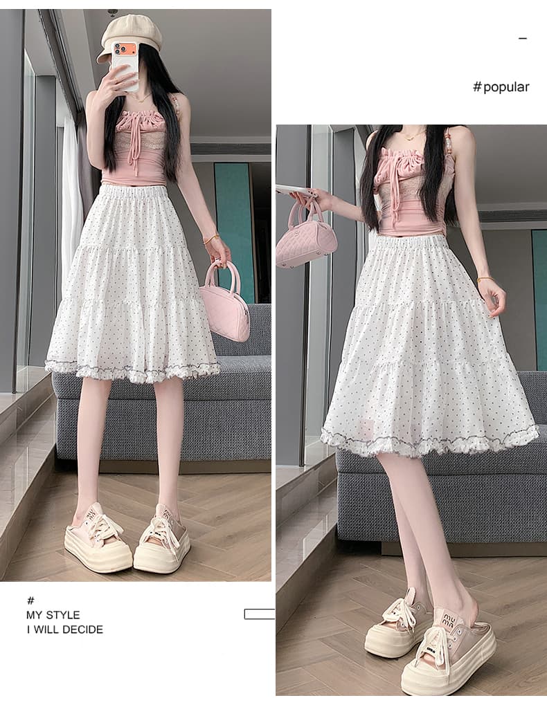 실사 한 부서 핑크색 부드러운 프릴 도트 무늬 반신 스커트 여성 하이웨이스트 슬림해 보이는 한 마디 중간 스커트 퍼프 케이크 드레스 상세 이미지 40