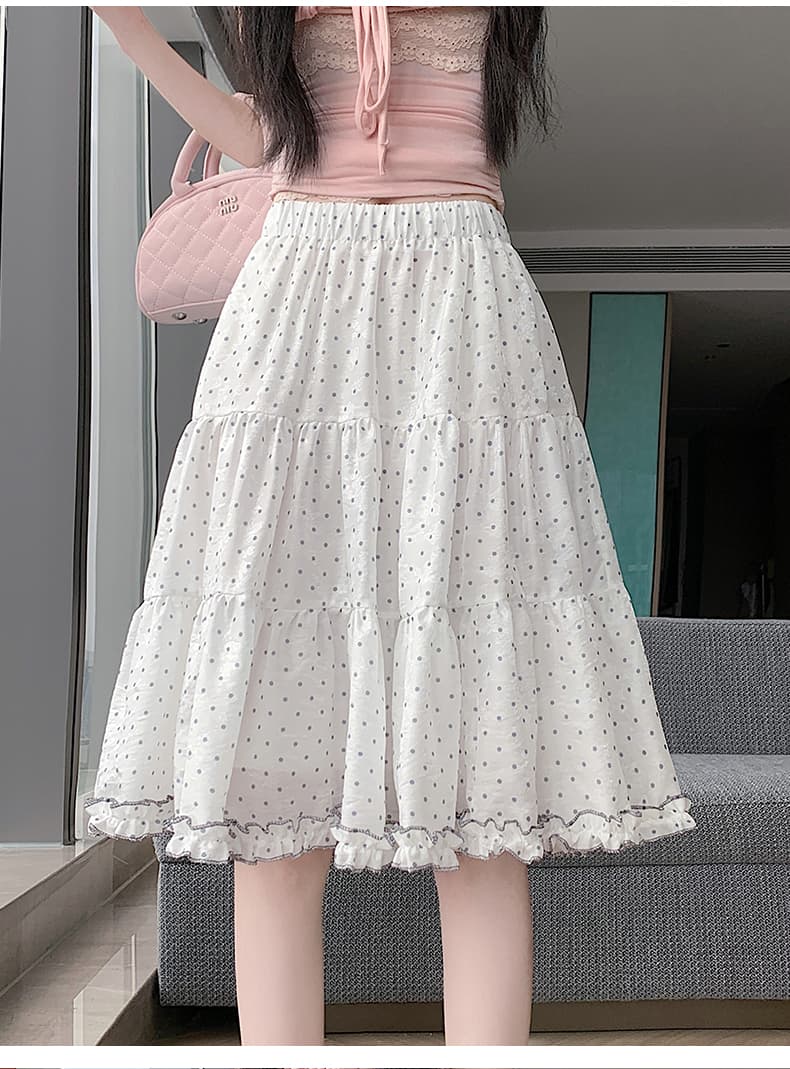 실사 한 부서 핑크색 부드러운 프릴 도트 무늬 반신 스커트 여성 하이웨이스트 슬림해 보이는 한 마디 중간 스커트 퍼프 케이크 드레스 상세 이미지 42