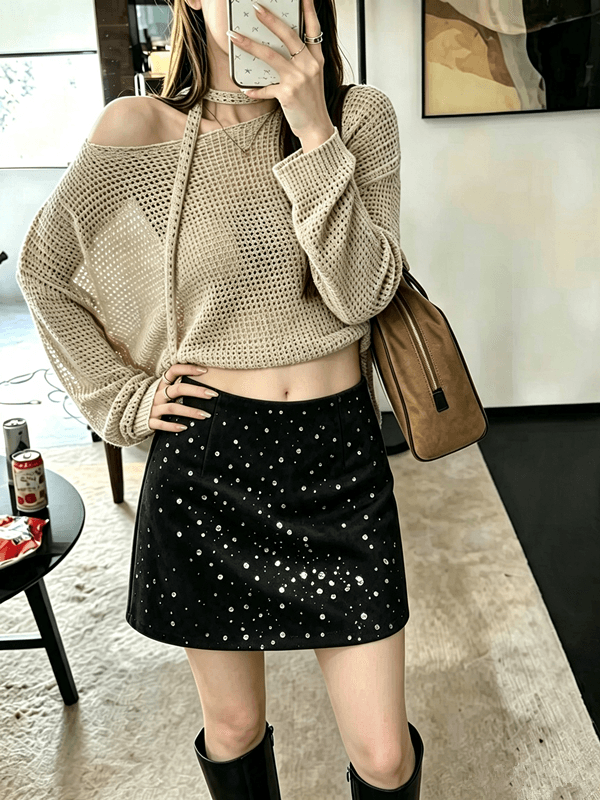 실사 레트로 세련된 스팽글 반신 스커트 여성 2026 가을 새로운 품격 우아함 한 마디 노출 방지 타이트 스커트 미니 스커트 상세 이미지 4