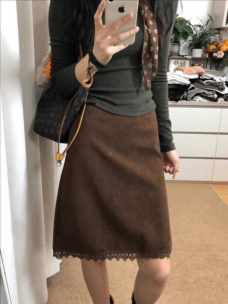 실사 miu 부서 꽃무늬 패치워크 레이스 레이스 반신 스커트 2026 가을 겨울 한 부서 레트로 하이웨이스트 한 마디 중간 스커트 상세 이미지 2
