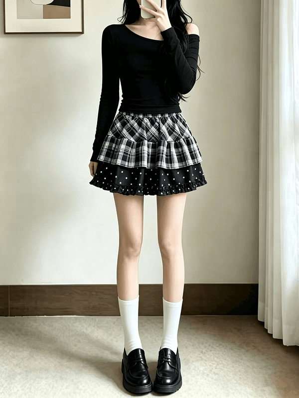 실사 레트로 체크무늬 케이크 드레스 여성 2026 가을 겨울 다중 레이어 프릴 패치워크 프릴 퍼프 미니 스커트 상세 이미지 2