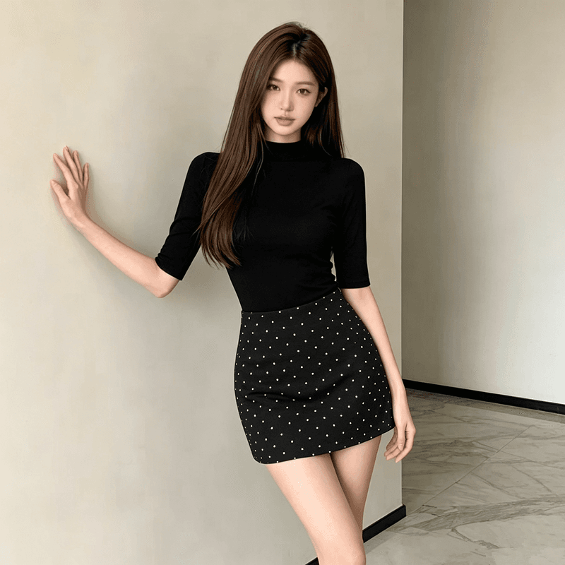실사 miu 부서 검정색 도트 무늬 레트로 미니멀리즘 반신 스커트 2026 가을 겨울 하이웨이스트 슬림해 보이는 한 마디 타이트 스커트 미니 스커트 상세 이미지 3