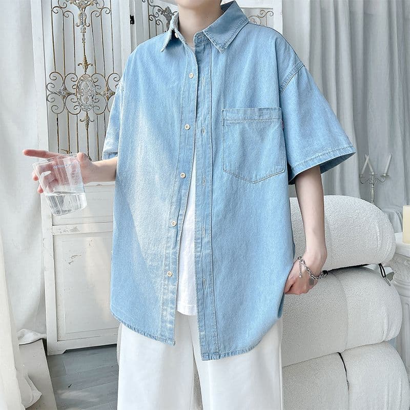 2026 새로운 얇은 스타일 주간 실크 데님 반팔 셔츠 남성 패션 트렌드 다용도 문예 캐주얼 루즈핏 맨위