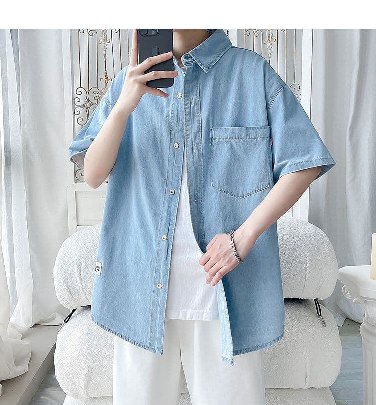2026 새로운 얇은 스타일 주간 실크 데님 반팔 셔츠 남성 패션 트렌드 다용도 문예 캐주얼 루즈핏 맨위 상세 이미지 6