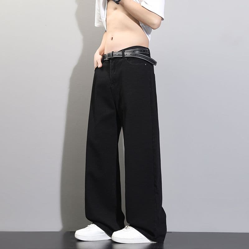 사계절 워시 물 바닥 청소 남성 청바지 레트로 항구 바람 루즈핏 스트레이트 트렌드 다용도 바지 와이드 레그 팬츠 긴 바지 이미지 5
