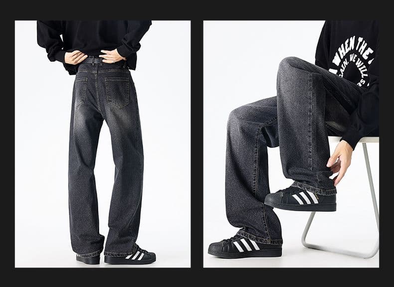 신축성 사계절 워시 물 남성 청바지 단색 레트로 항구 바람 루즈핏 스트레이트 패션 트렌드 다용도 롱 바지 상세 이미지 18