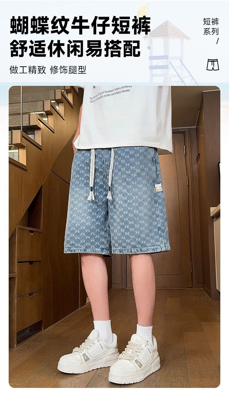 여름 얇은 스타일 나비 곡물 데님 반바지 남자 2026 새로운 스트레이트 루즈핏 아메리칸 조수 브랜드 캐주얼 5 점 바지 상세 이미지 1
