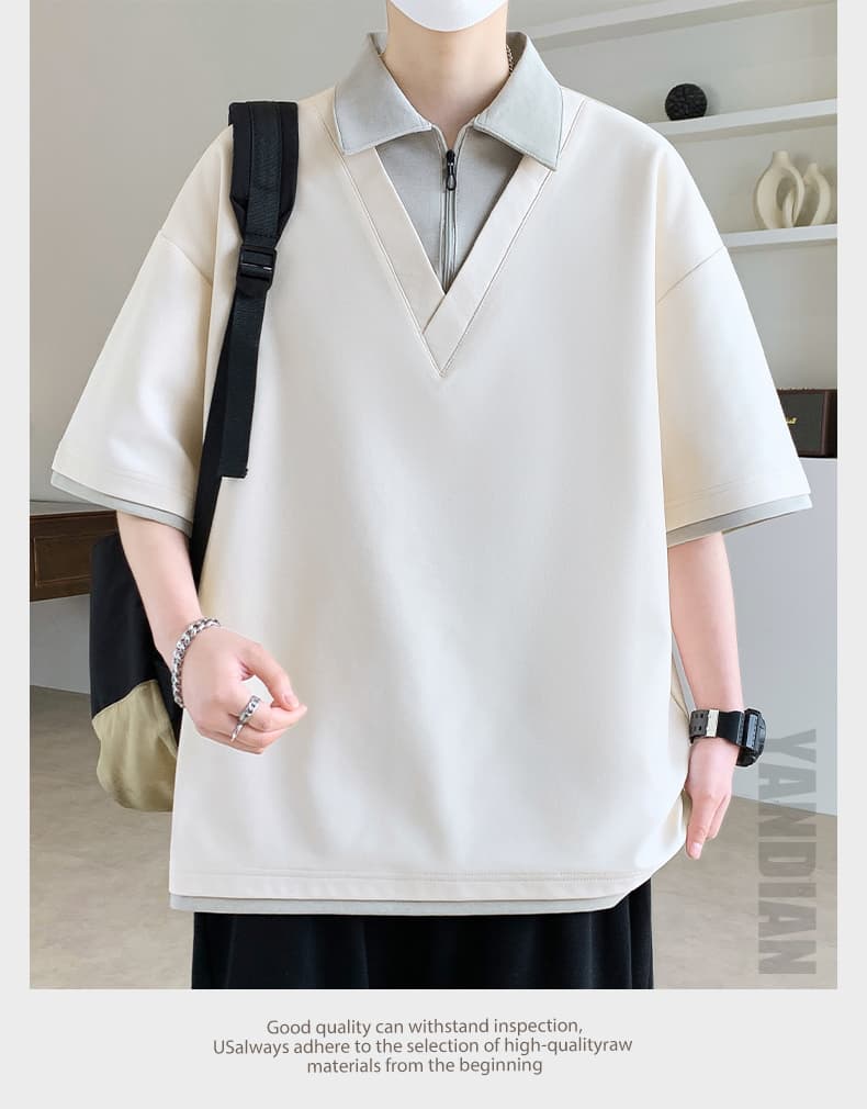 2026 여름 새로운 남성 반팔 POLO 셔츠 페이크 레이어드 더블 V넥 패치워크 지퍼 루즈핏 맨위 캐주얼 남자 상세 이미지 25