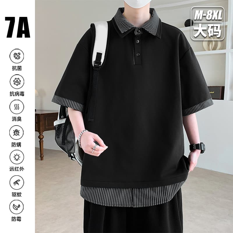 2026 여름 새로운 남성 반팔 POLO 셔츠 페이크 레이어드 체크무늬 패치워크 패션 루즈핏 맨위 캐주얼 남자 이미지 3