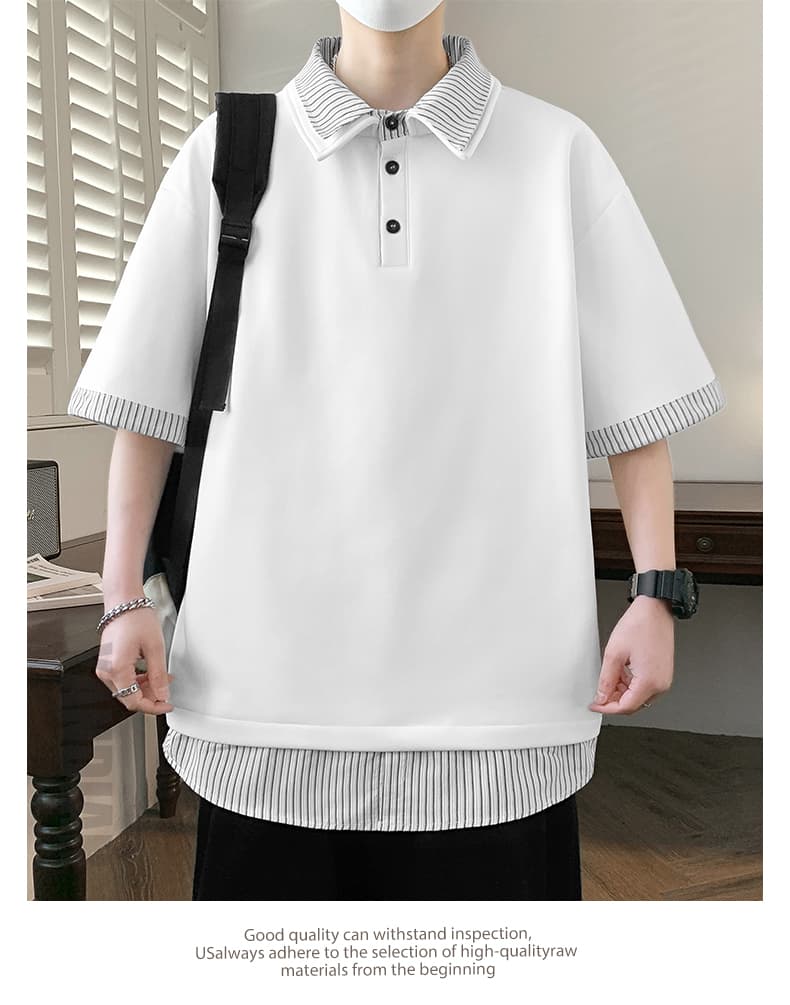 2026 여름 새로운 남성 반팔 POLO 셔츠 페이크 레이어드 체크무늬 패치워크 패션 루즈핏 맨위 캐주얼 남자 상세 이미지 16