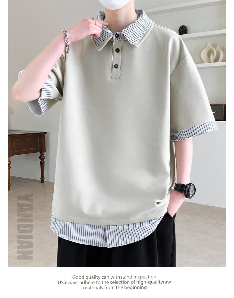 2026 여름 새로운 남성 반팔 POLO 셔츠 페이크 레이어드 체크무늬 패치워크 패션 루즈핏 맨위 캐주얼 남자 상세 이미지 22