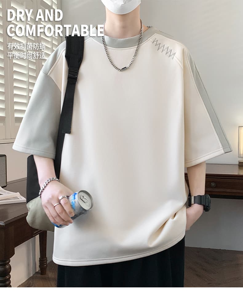 2026 여름 새로운 남성 반팔 티셔츠 루즈핏 라운드 넥 배색 맨위 트렌드 다용도 캐주얼 소년 동정 상세 이미지 3