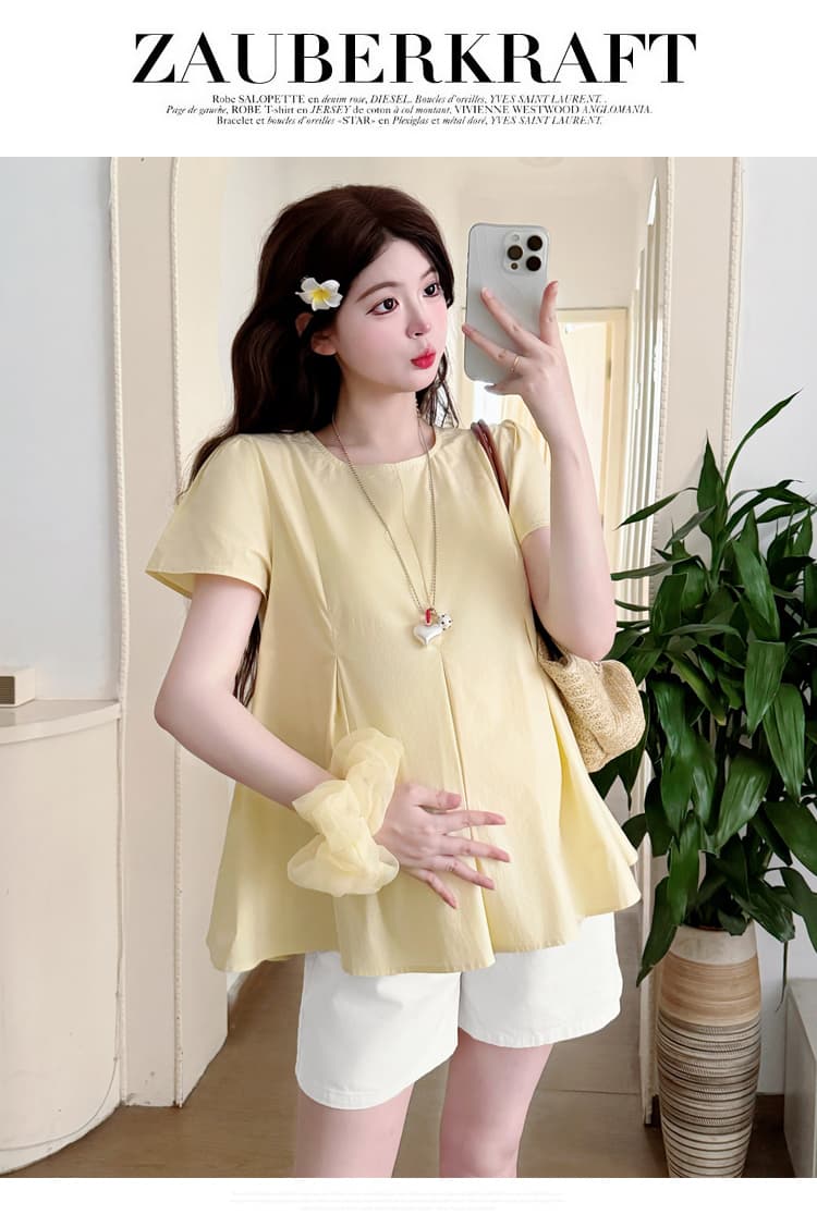 여름 실사 새로운 프랑스식 임산부 작은 셔츠 귀여운 연령 감소 루즈핏 편안함 인형 셔츠 빅 사이즈 여성 의류 상세 이미지 16