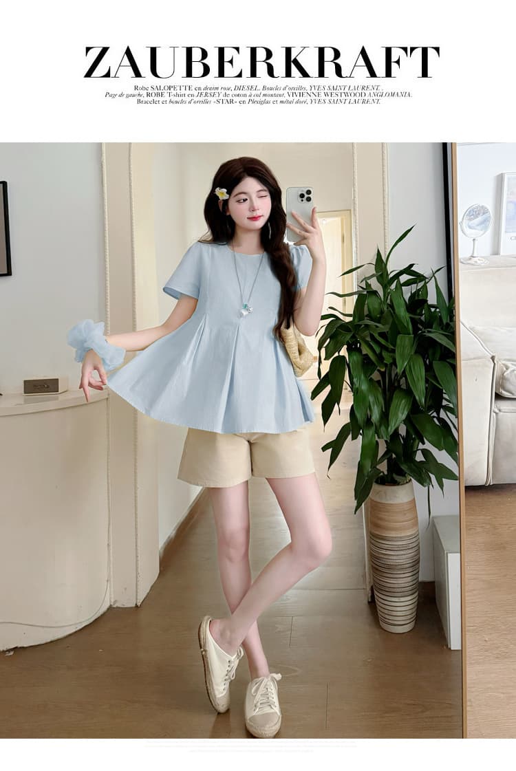 여름 실사 새로운 프랑스식 임산부 작은 셔츠 귀여운 연령 감소 루즈핏 편안함 인형 셔츠 빅 사이즈 여성 의류 상세 이미지 23