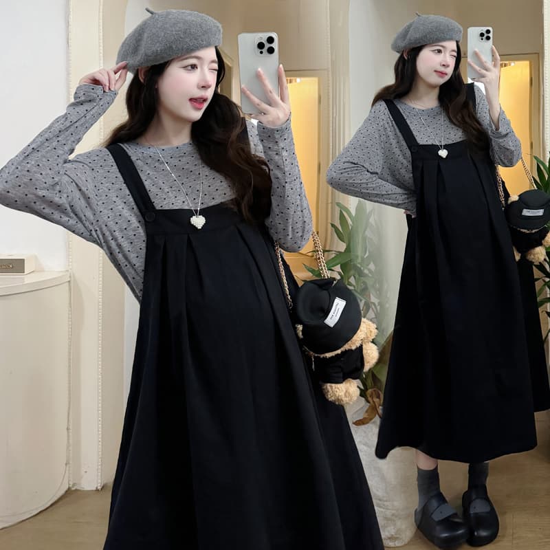 실사 새로운 지금 이른 봄 한 부서 달콤함 연령 감소 루즈핏 멜빵 스커트 다용도 도트 무늬 임산부 세트 이미지 3