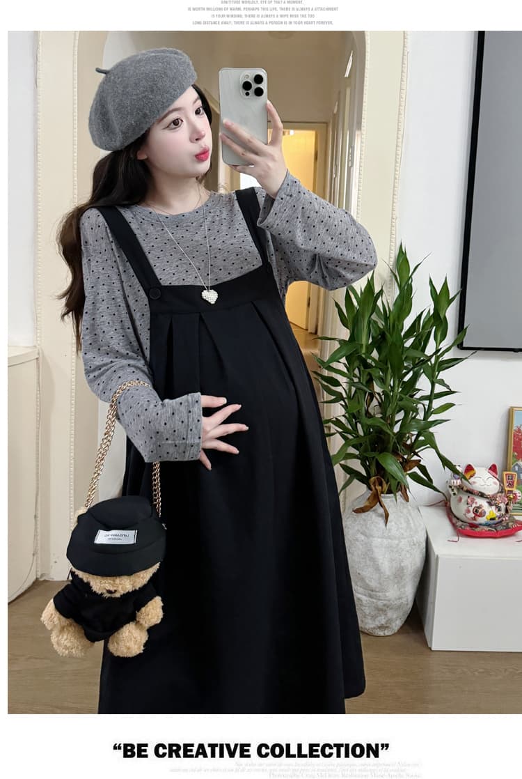 실사 새로운 지금 이른 봄 한 부서 달콤함 연령 감소 루즈핏 멜빵 스커트 다용도 도트 무늬 임산부 세트 상세 이미지 21