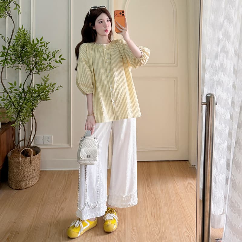 실사 새로운 여름 세련된 외국 가스 루즈핏 확실하지 않음 임신 한 얇고 가벼운 임산부 셔츠 질감 레이스 바지 이미지 4