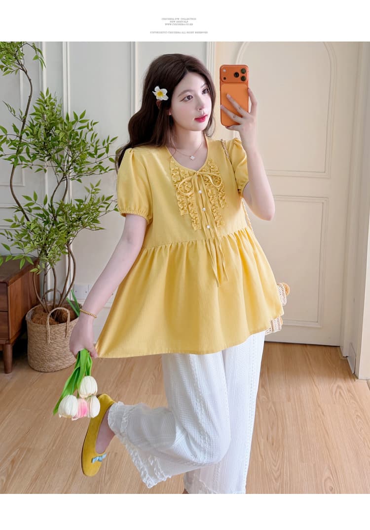 실사 새로운 여름 한 부서 나비 매듭 프릴 작은 대중 부드러운 다용도 레이스업 임산부 작은 셔츠 세트 상세 이미지 23