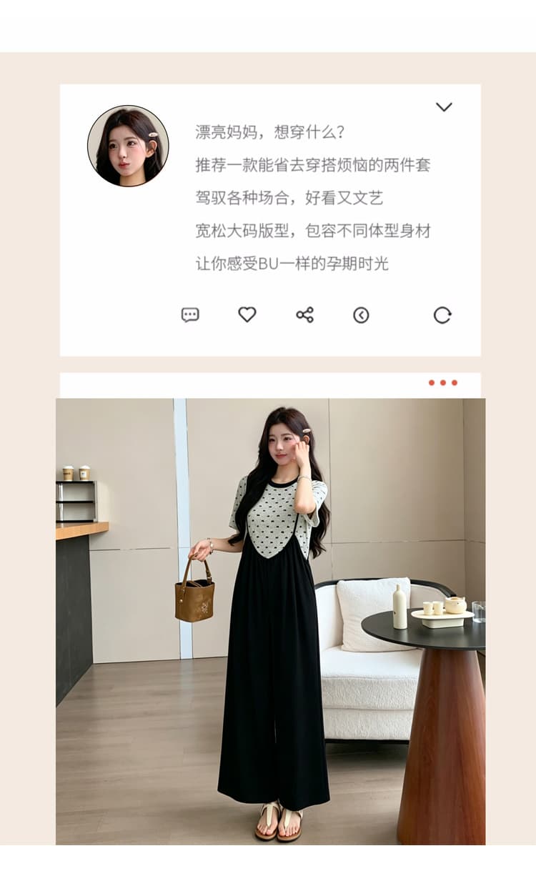지금 실사 여름 새로운 루즈핏 V넥 멜빵 바지 슬림해 보이는 나비 매듭 꽃무늬 라운드 넥 출산 착용 투피스 세트 상세 이미지 2