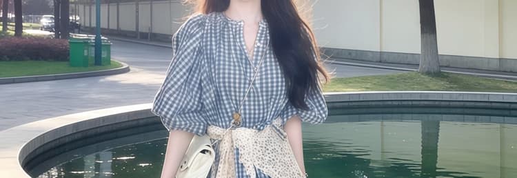지금 2026 여름 신제품 레트로 파란색 체크무늬 품격 드레스 반팔 상세 이미지 15
