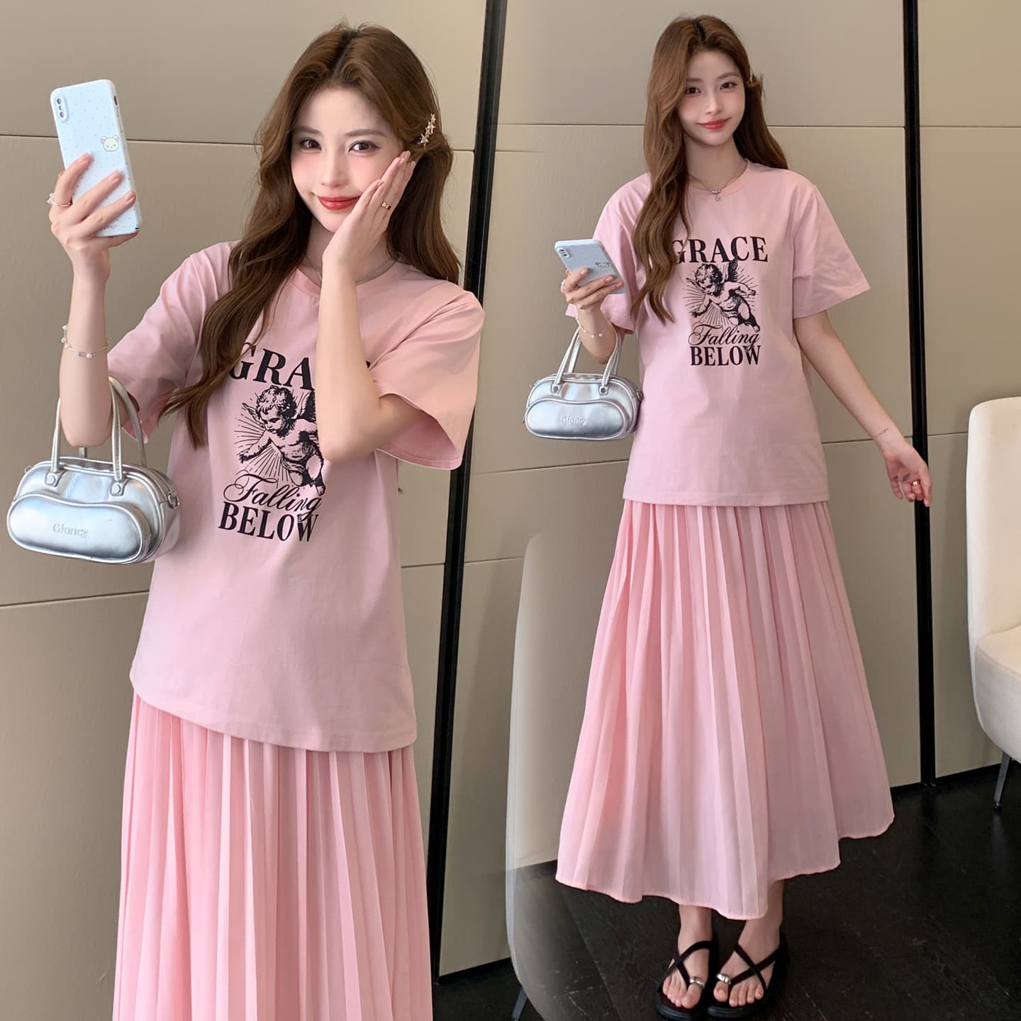 여름 새로운 실사 한 부서 느긋한 바람 다용도 루즈핏 패션 프린트 반팔 수 있습니다. 조정 임산부 반신 스커트 이미지 4