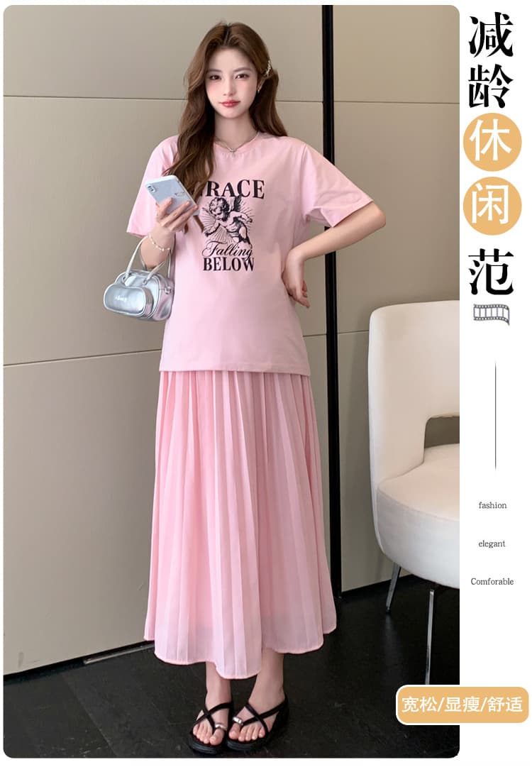 여름 새로운 실사 한 부서 느긋한 바람 다용도 루즈핏 패션 프린트 반팔 수 있습니다. 조정 임산부 반신 스커트 상세 이미지 1
