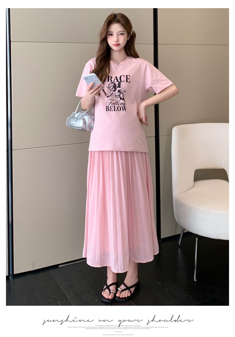여름 새로운 실사 한 부서 느긋한 바람 다용도 루즈핏 패션 프린트 반팔 수 있습니다. 조정 임산부 반신 스커트 상세 이미지 10