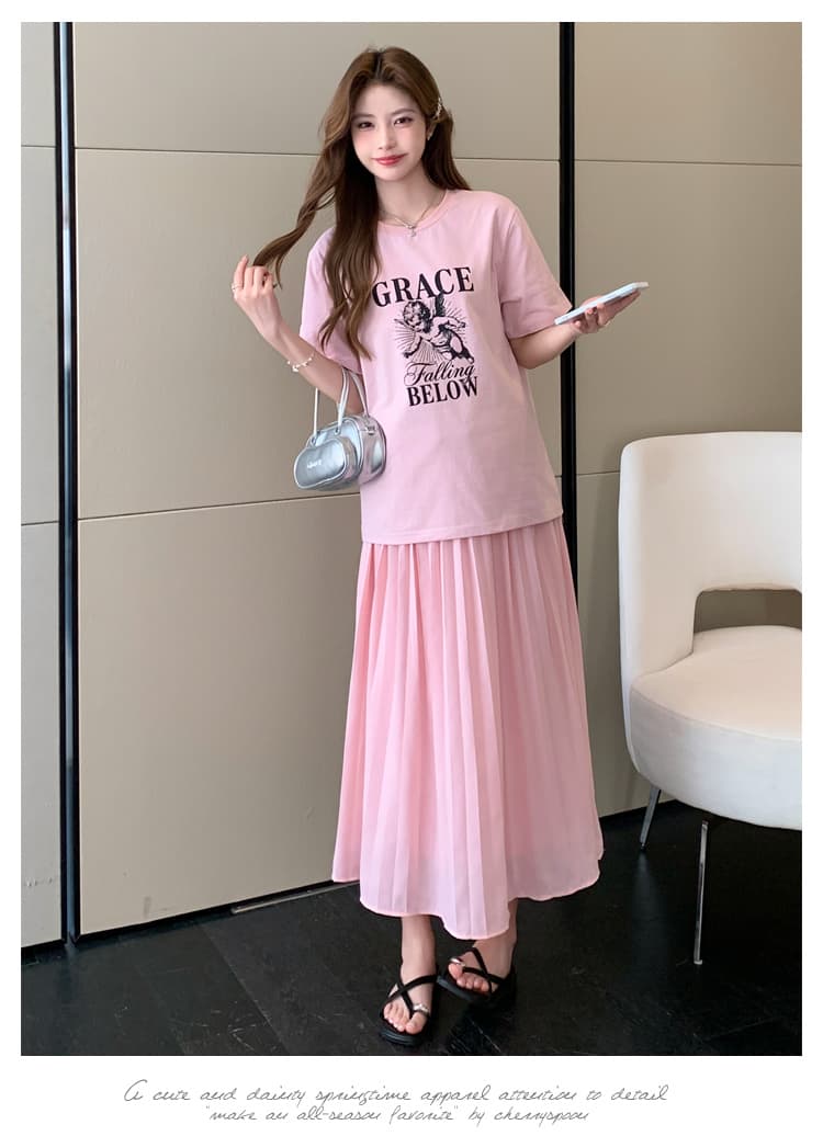여름 새로운 실사 한 부서 느긋한 바람 다용도 루즈핏 패션 프린트 반팔 수 있습니다. 조정 임산부 반신 스커트 상세 이미지 11