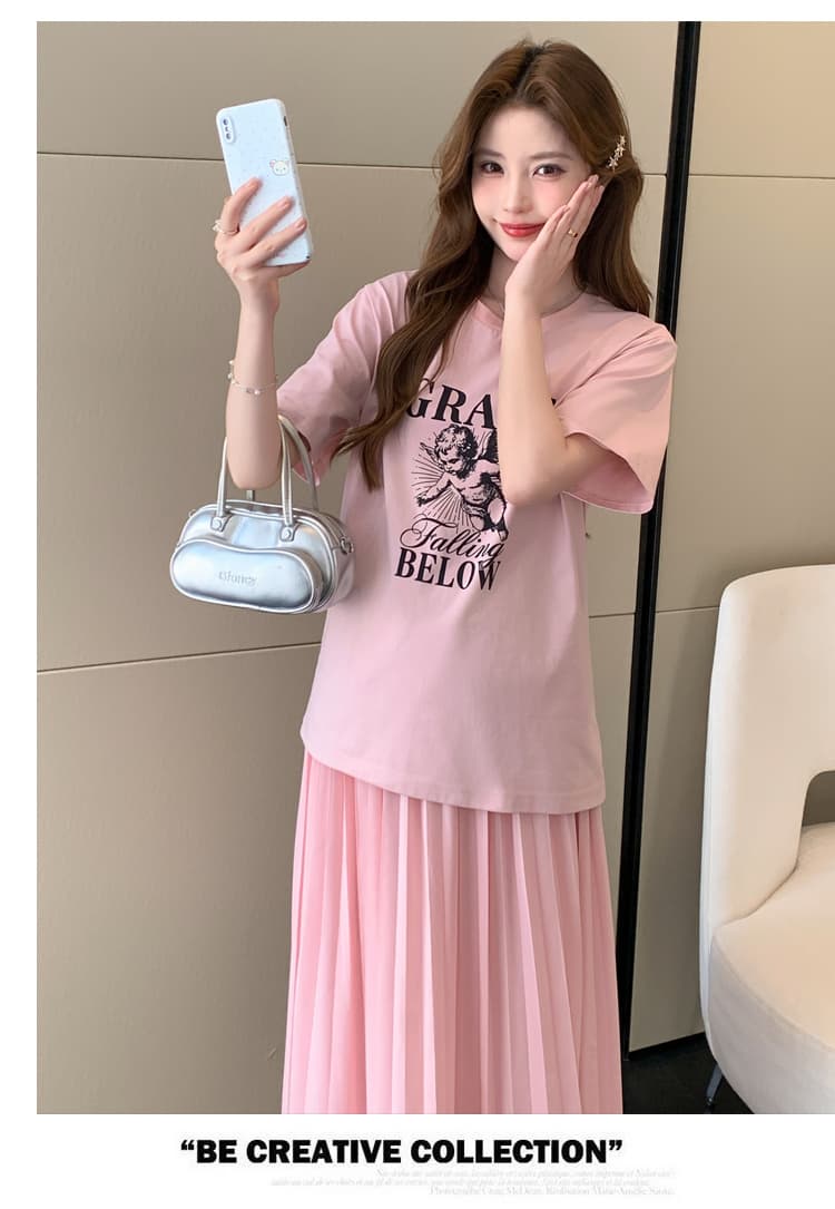 여름 새로운 실사 한 부서 느긋한 바람 다용도 루즈핏 패션 프린트 반팔 수 있습니다. 조정 임산부 반신 스커트 상세 이미지 13