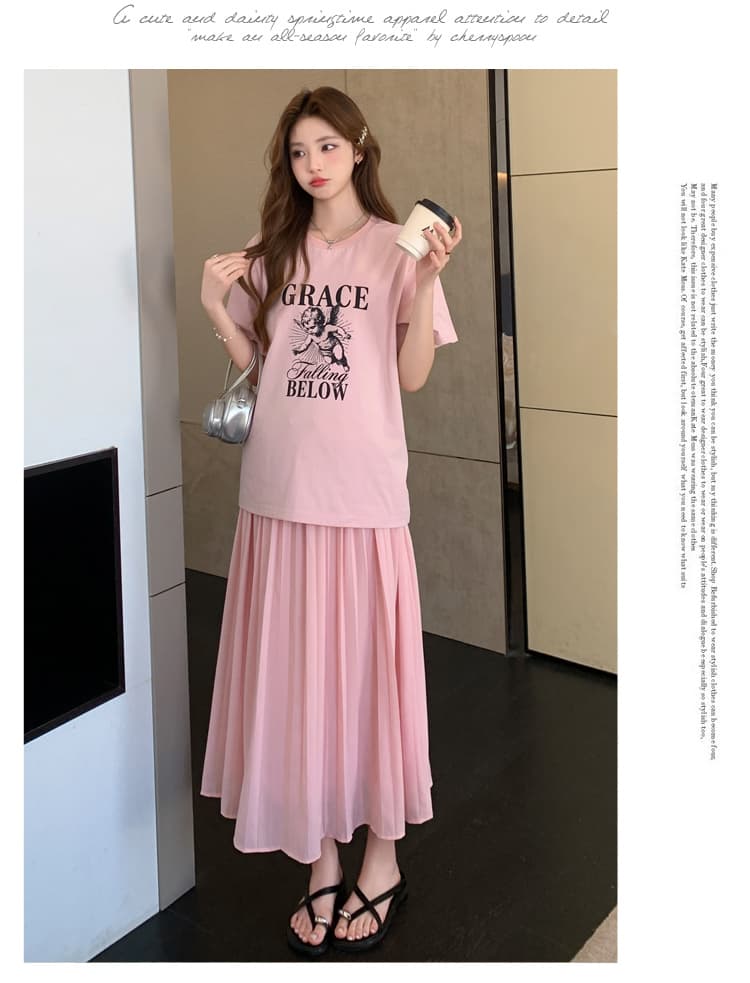 여름 새로운 실사 한 부서 느긋한 바람 다용도 루즈핏 패션 프린트 반팔 수 있습니다. 조정 임산부 반신 스커트 상세 이미지 20