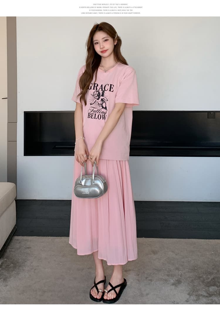 여름 새로운 실사 한 부서 느긋한 바람 다용도 루즈핏 패션 프린트 반팔 수 있습니다. 조정 임산부 반신 스커트 상세 이미지 21
