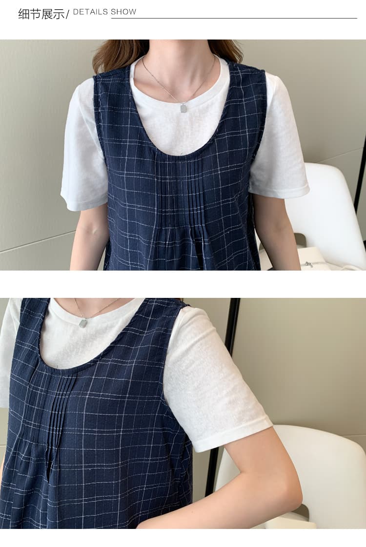 실사 새로운 여름 문예 레트로 스타일 체크무늬 한 부서 캐주얼 디자인 센스 출산 착용 투피스 세트 상세 이미지 21