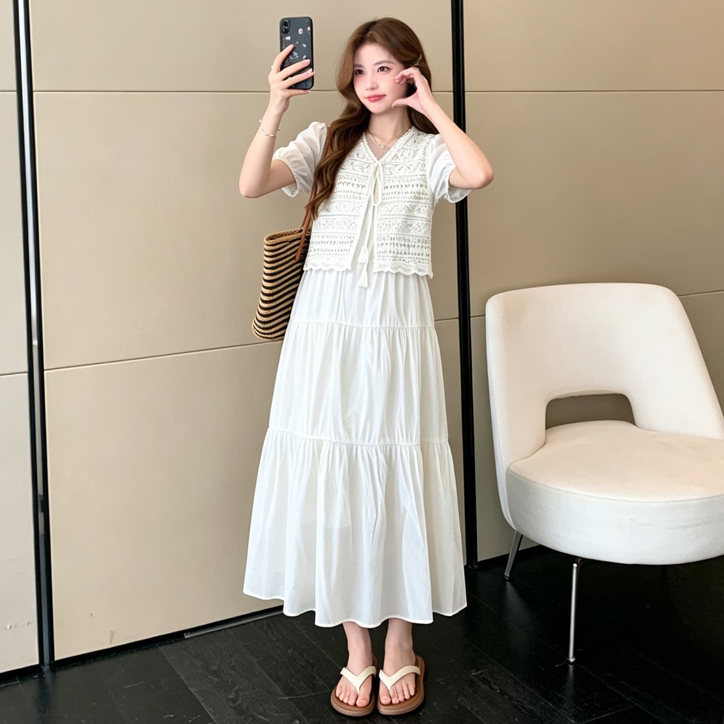실사 새로운 여름 프랑스식 V넥 홀로우 아웃 차 휴식 무거운 작업 페이크 레이어드 품격 출산 착용 드레스 이미지 4