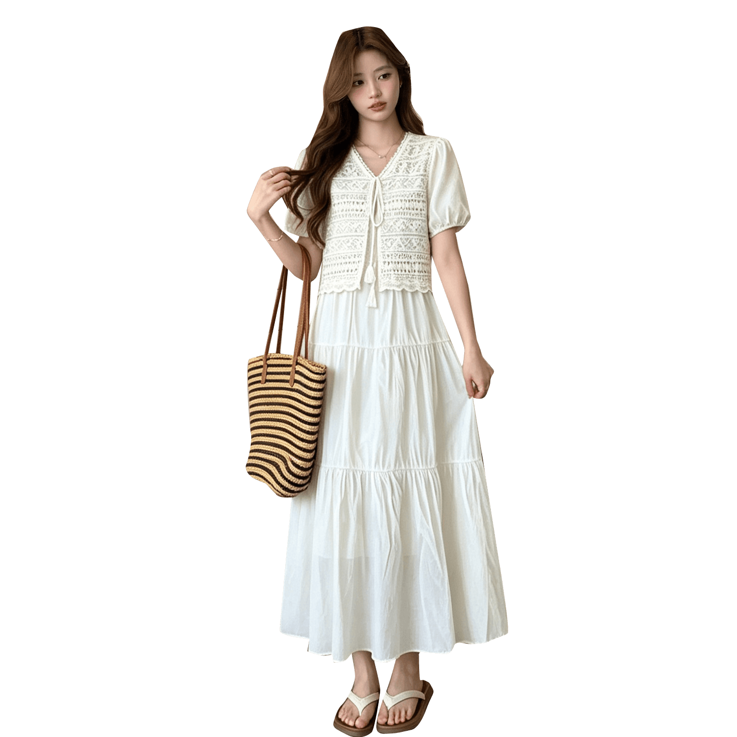 실사 새로운 여름 프랑스식 V넥 홀로우 아웃 차 휴식 무거운 작업 페이크 레이어드 품격 출산 착용 드레스 이미지 5