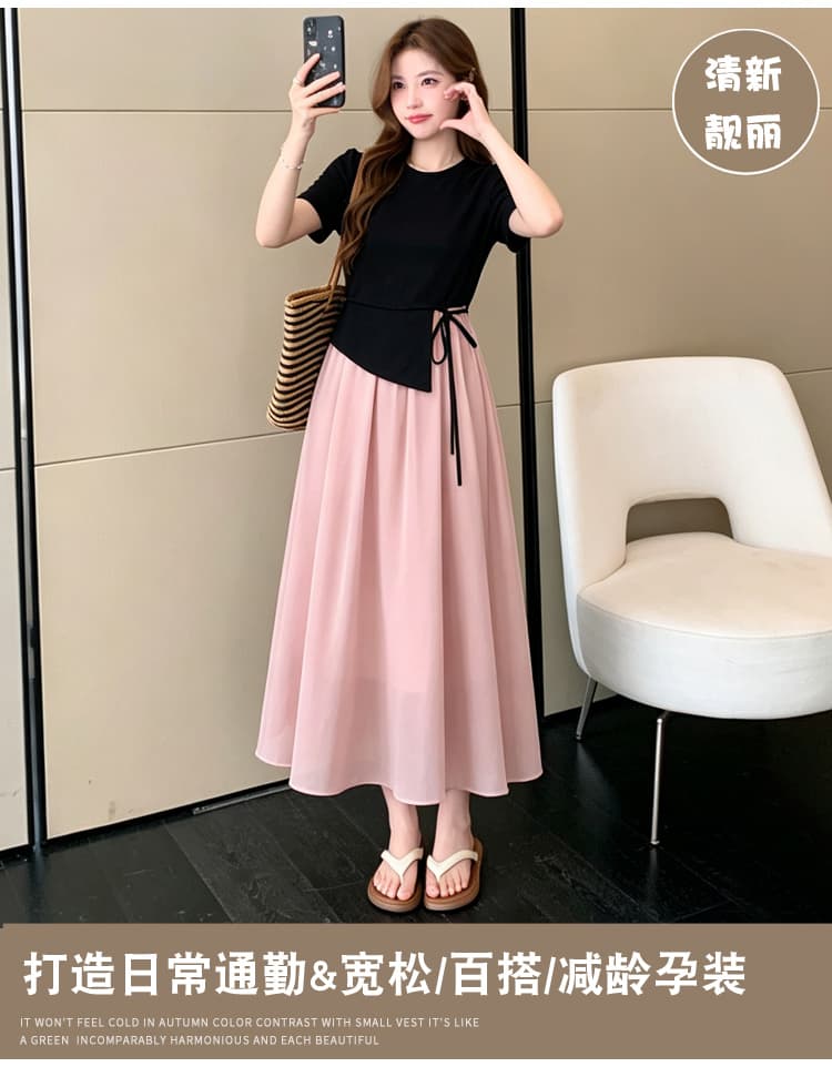 여름 새로운 패션 품격 측면 레이스업 불규칙 배색 페이크 레이어드 출산 착용 드레스 상세 이미지 1