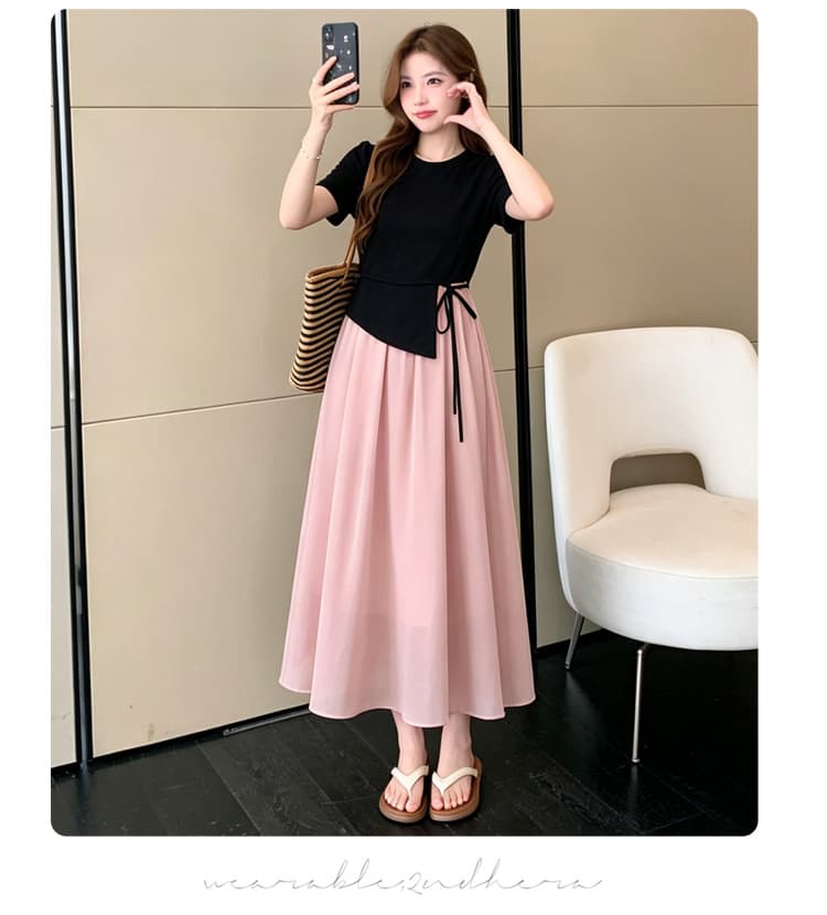 여름 새로운 패션 품격 측면 레이스업 불규칙 배색 페이크 레이어드 출산 착용 드레스 상세 이미지 13