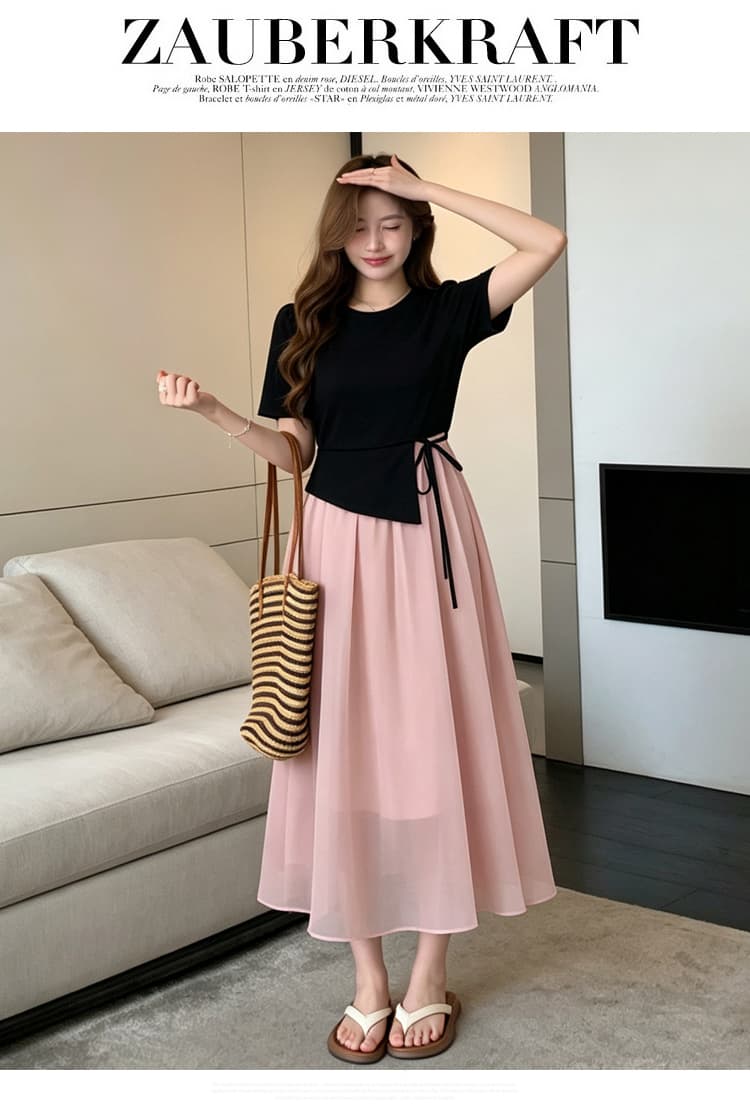 여름 새로운 패션 품격 측면 레이스업 불규칙 배색 페이크 레이어드 출산 착용 드레스 상세 이미지 15