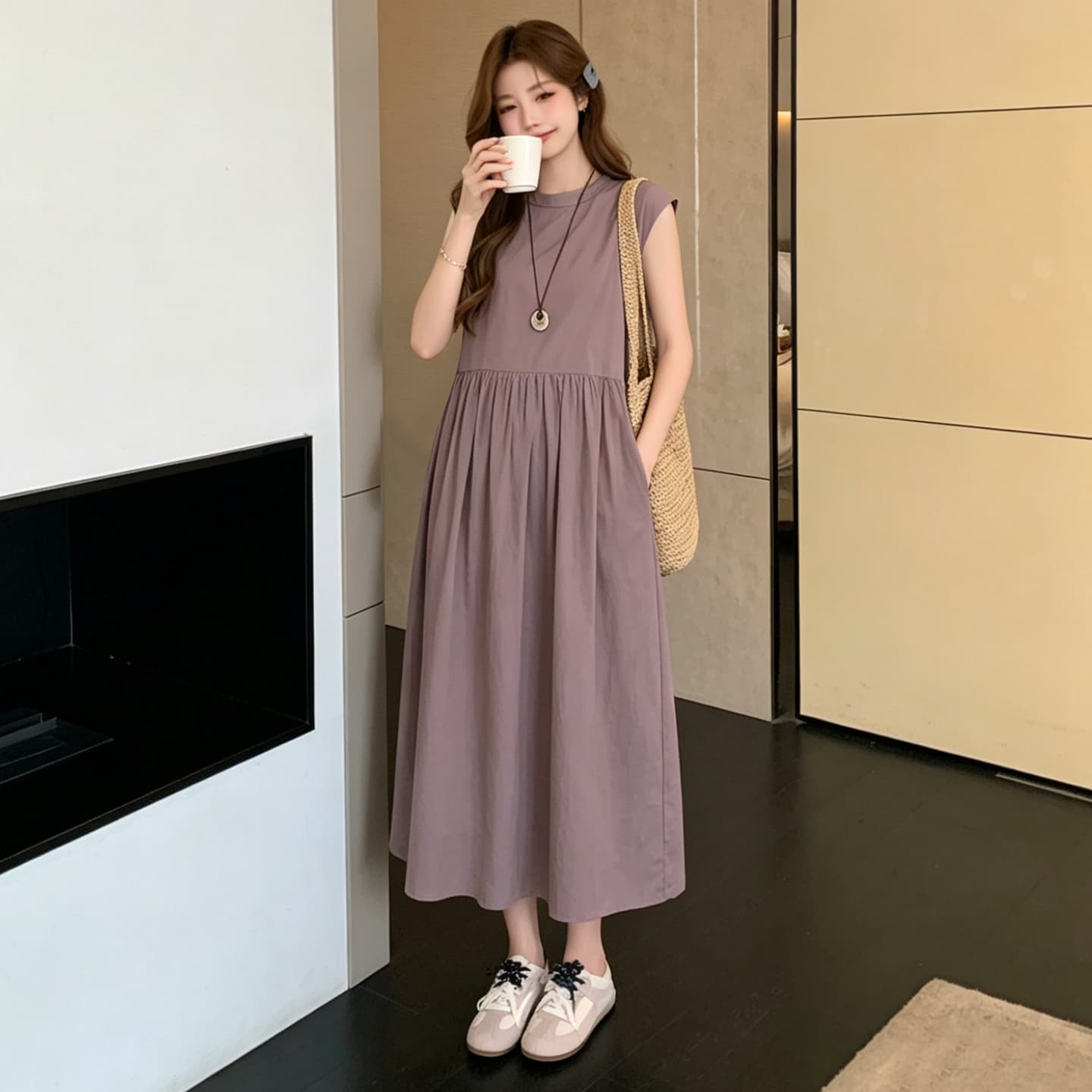 여름 새로운 라운드 넥 주름 루즈핏 표지 고기 슬림해 보이는 디자인 센스 출산 착용 드레스 이미지 4