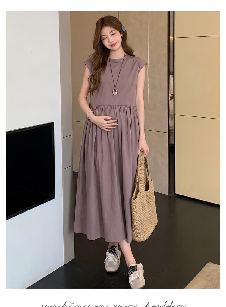 여름 새로운 라운드 넥 주름 루즈핏 표지 고기 슬림해 보이는 디자인 센스 출산 착용 드레스 상세 이미지 17