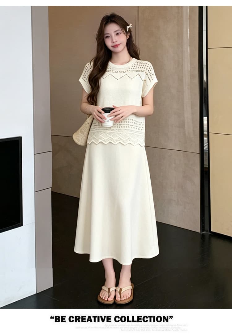 여름 보헤미안 바람 홀로우 아웃 자수 반팔 니트 스웨터 여성 여름 프랑스식 품격 출산 착용 투피스 세트 상세 이미지 14