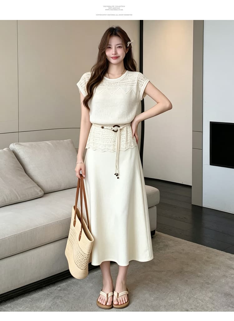 여름 보헤미안 바람 홀로우 아웃 자수 반팔 니트 스웨터 여성 여름 프랑스식 품격 출산 착용 투피스 세트 상세 이미지 16