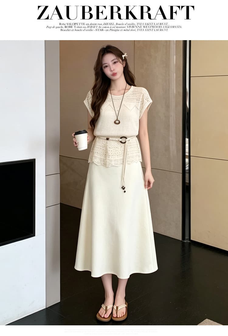 여름 보헤미안 바람 홀로우 아웃 자수 반팔 니트 스웨터 여성 여름 프랑스식 품격 출산 착용 투피스 세트 상세 이미지 17