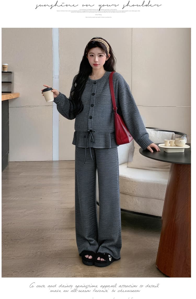 가을 겨울 신제품 임산부 클래식 레트로 스트라이프 배색 레이스업 디자인 와이드 레그 팬츠 니트 스웨터 루즈핏 세트 상세 이미지 21