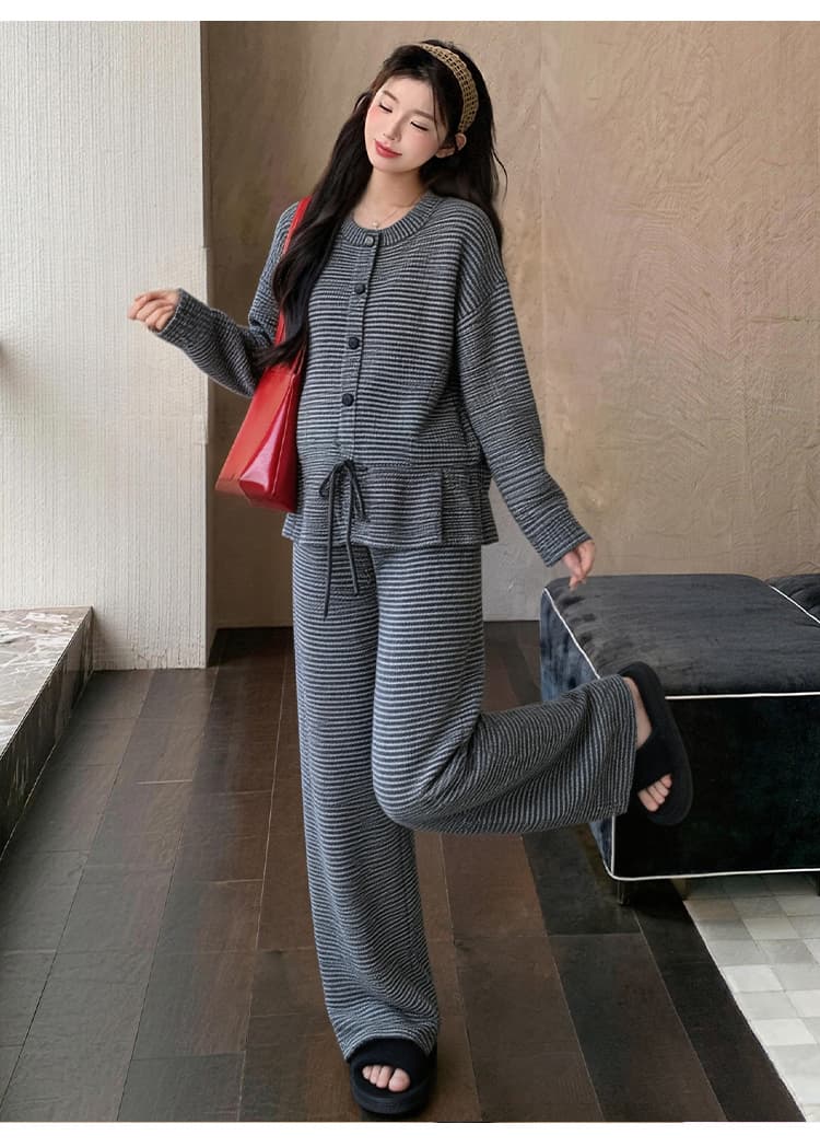 가을 겨울 신제품 임산부 클래식 레트로 스트라이프 배색 레이스업 디자인 와이드 레그 팬츠 니트 스웨터 루즈핏 세트 상세 이미지 26