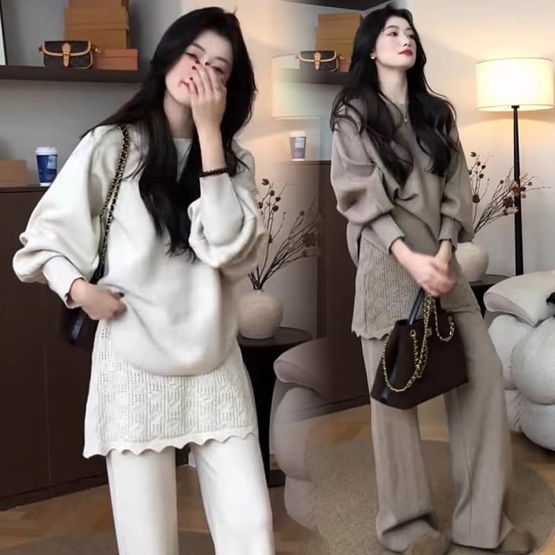 출산 착용 가을 의상 신제품 세트 느긋한 캐주얼 세트 니트 스웨터 스웨터 바지 투피스 세트 이미지 3
