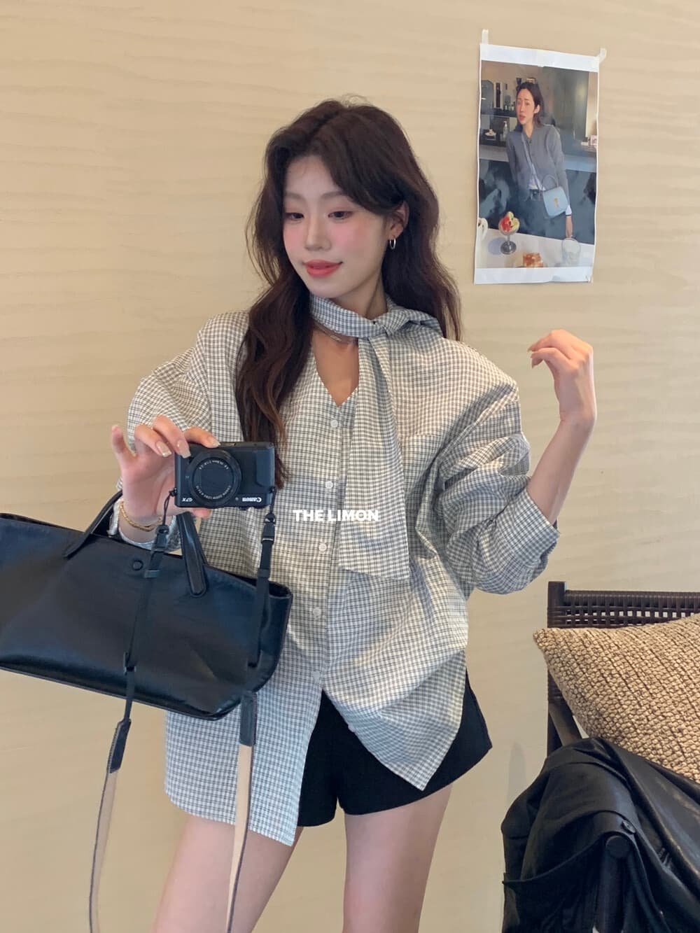 the limon 레몬 녹차 한 부서 디자인 센스 작은 대중 다용도 나비 넥타이 레이스업 체크무늬 V넥 여성 셔츠 가을 상세 이미지 3