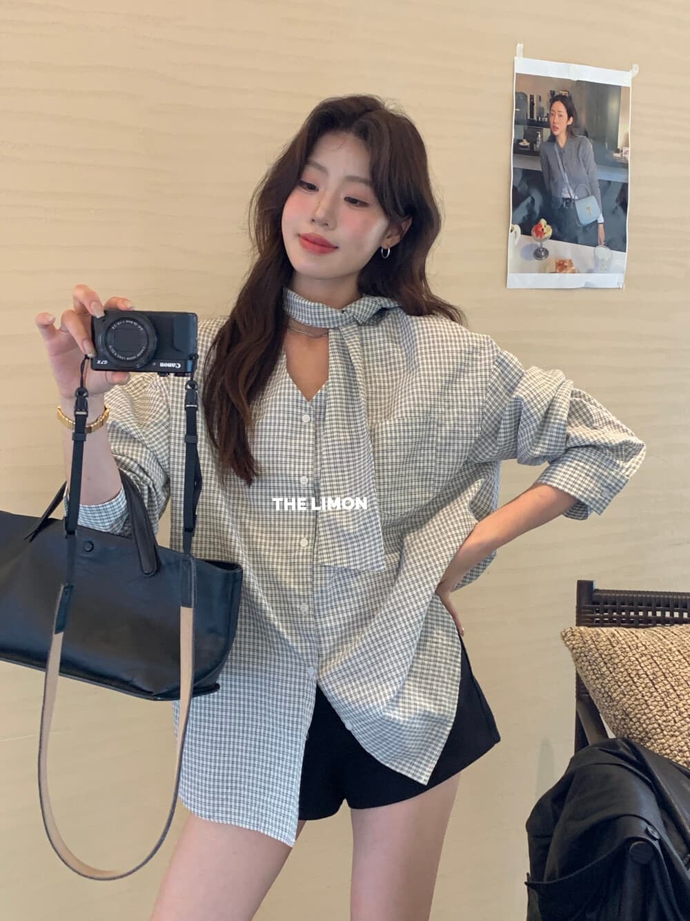 the limon 레몬 녹차 한 부서 디자인 센스 작은 대중 다용도 나비 넥타이 레이스업 체크무늬 V넥 여성 셔츠 가을 상세 이미지 6
