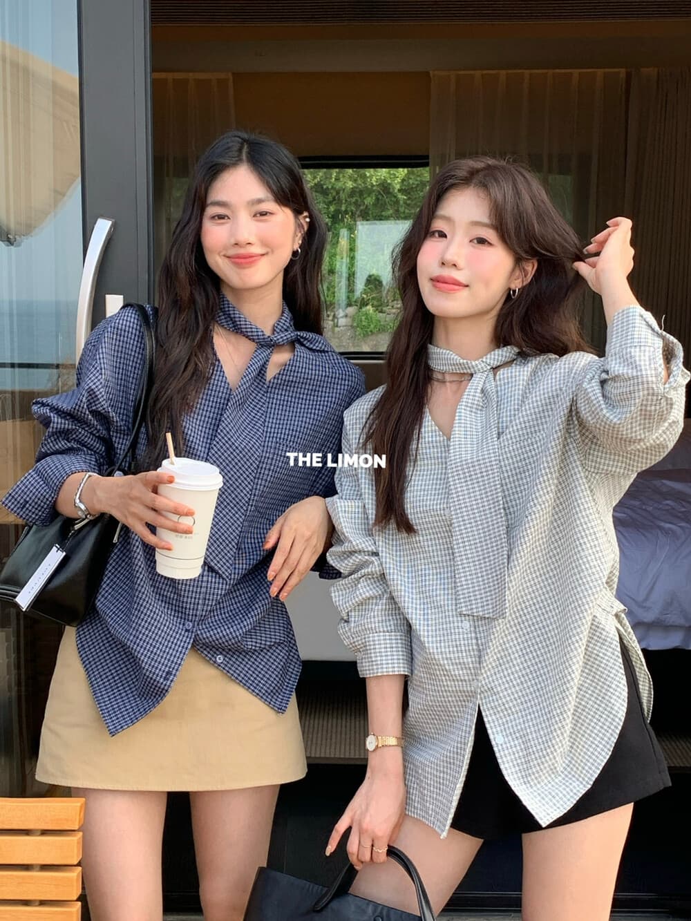 the limon 레몬 녹차 한 부서 디자인 센스 작은 대중 다용도 나비 넥타이 레이스업 체크무늬 V넥 여성 셔츠 가을 상세 이미지 7